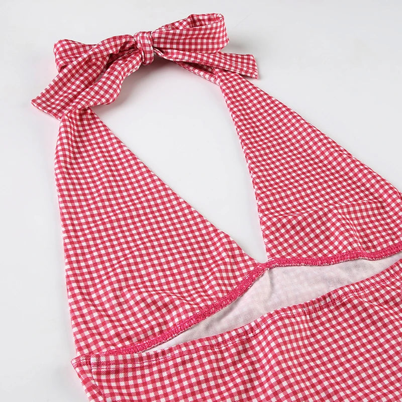 Crop Top Halter Y2K Coquette Imprimé Cœurs & Carreaux