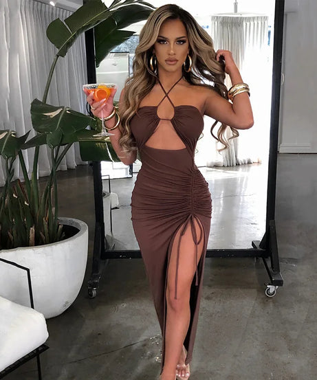 Robe Midi Bodycon Dos Nu Sans Manches Col V – Slim Night Club