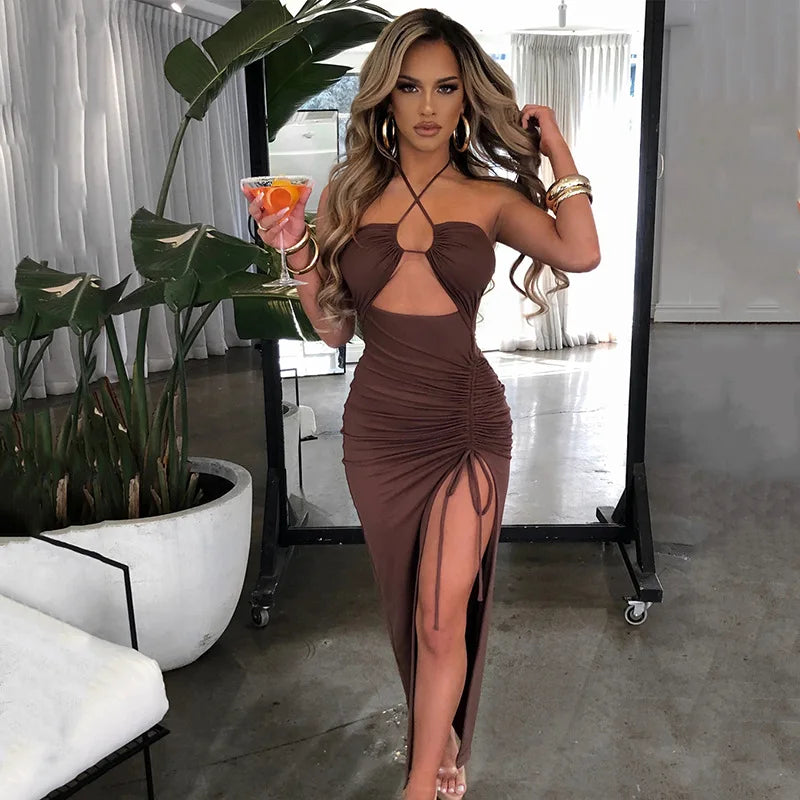 Robe Midi Bodycon Dos Nu Sans Manches Col V – Slim Night Club