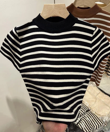 Pull Col Rouleau Rayé Manches Courtes Slim – Demi-Saison