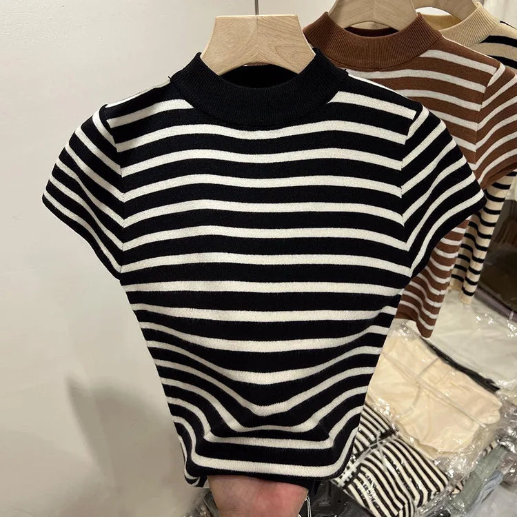 Pull Col Rouleau Rayé Manches Courtes Slim – Demi-Saison