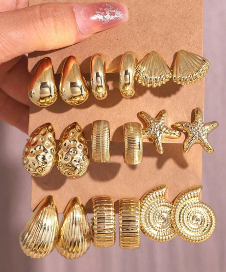 Coffret 18 Boucles d'Oreilles Géométriques Dorées – Set Bijoux