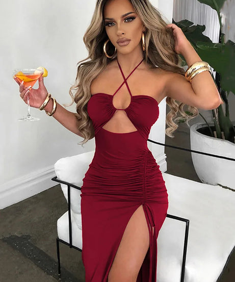 Robe Midi Bodycon Dos Nu Sans Manches Col V – Slim Night Club