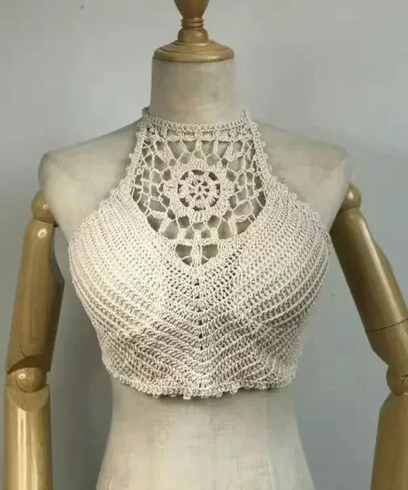 Crop Top Halter Ajouré Bretelles Dentelle dos – Soutien Intégré