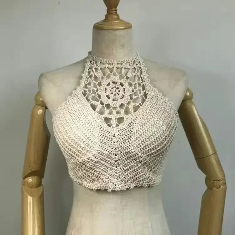 Crop Top Halter Ajouré Bretelles Dentelle dos – Soutien Intégré