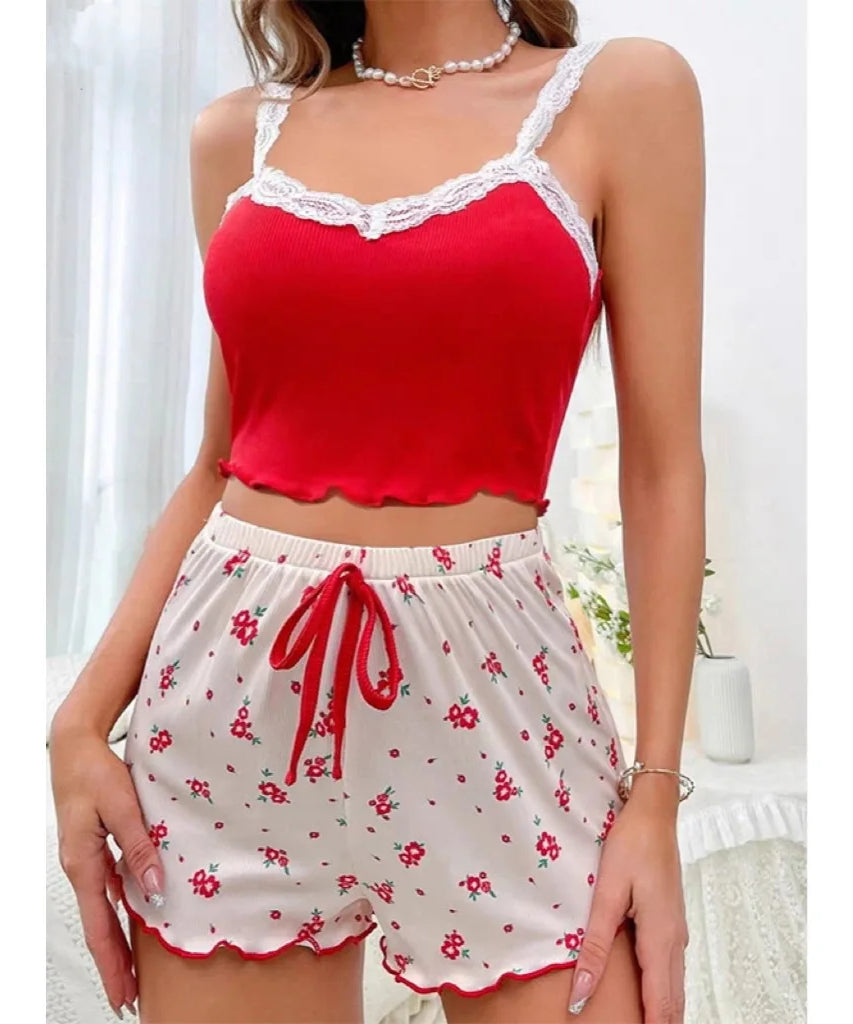 Ensemble Pyjama Dentelle 2 Pièces Camisole + Short – Été Femme