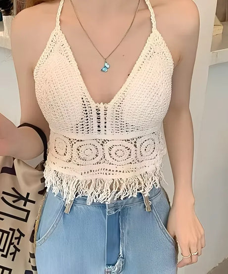 Top Halter Boho Franges Broderies Dos Nu – Été & Festival