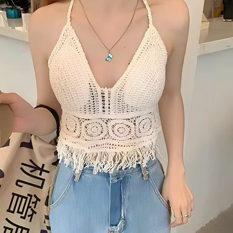 Top Halter Boho Franges Broderies Dos Nu – Été & Festival