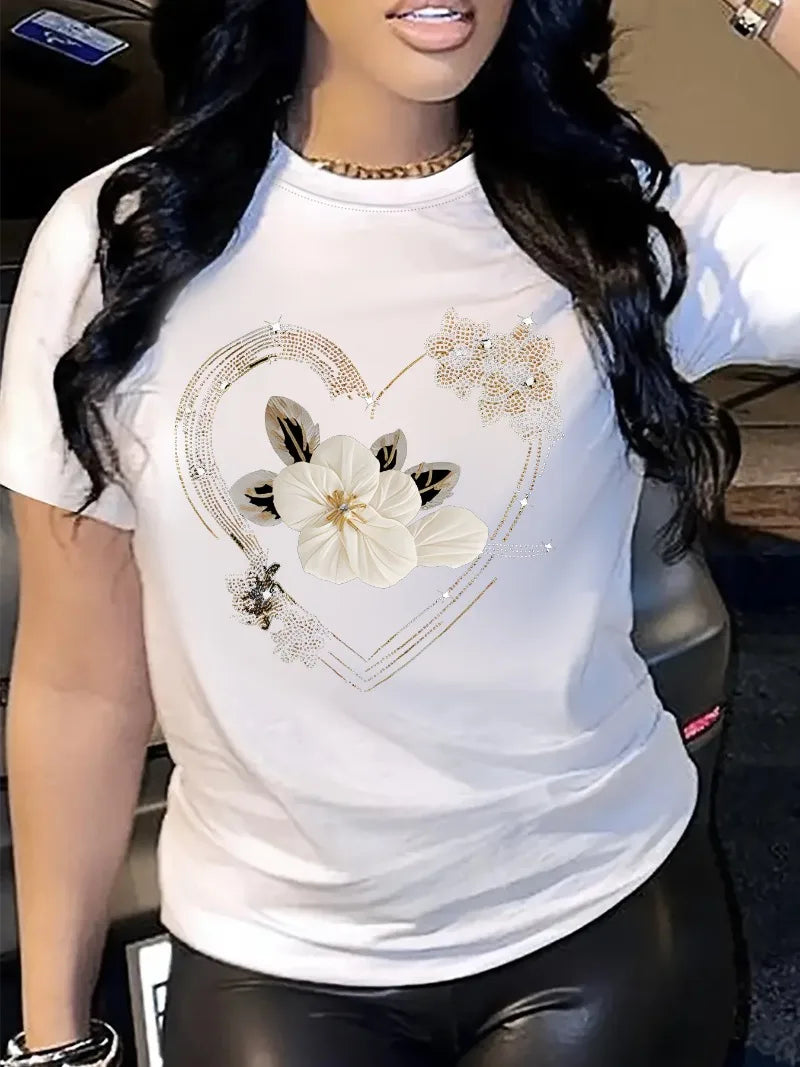T-Shirt Casual Manches Courtes Imprimé Cœur Floral – Femme