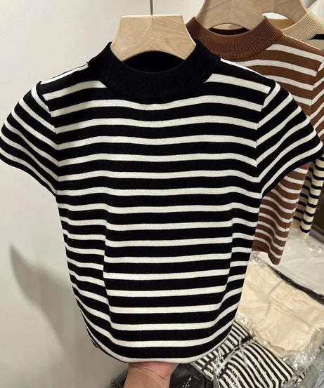 Pull Col Rouleau Rayé Manches Courtes Slim – Demi-Saison