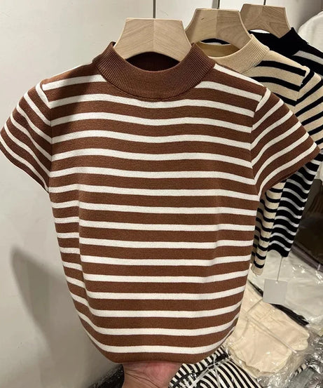 Pull Col Rouleau Rayé Manches Courtes Slim – Demi-Saison